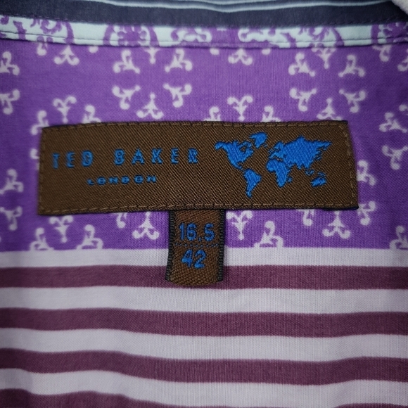 Ted Baker London Purple Striped Mixed Print Collared Button Up Shirt Men's 42 - Picture 6 of 11